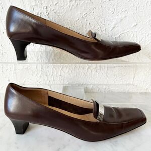 Salvatore Ferragamo Brown Leather Pumps 9.5 AAAA Narrow Silver Bar Square Toe